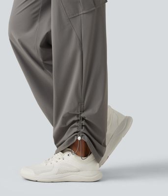 High Waisted Drawstring Ruched Straight Leg Quick Dry InstantCool Running Pants with Pockets-UPF40+
