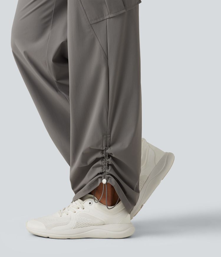 High Waisted Drawstring Ruched Straight Leg Quick Dry InstantCool Running Pants with Pockets-UPF40+