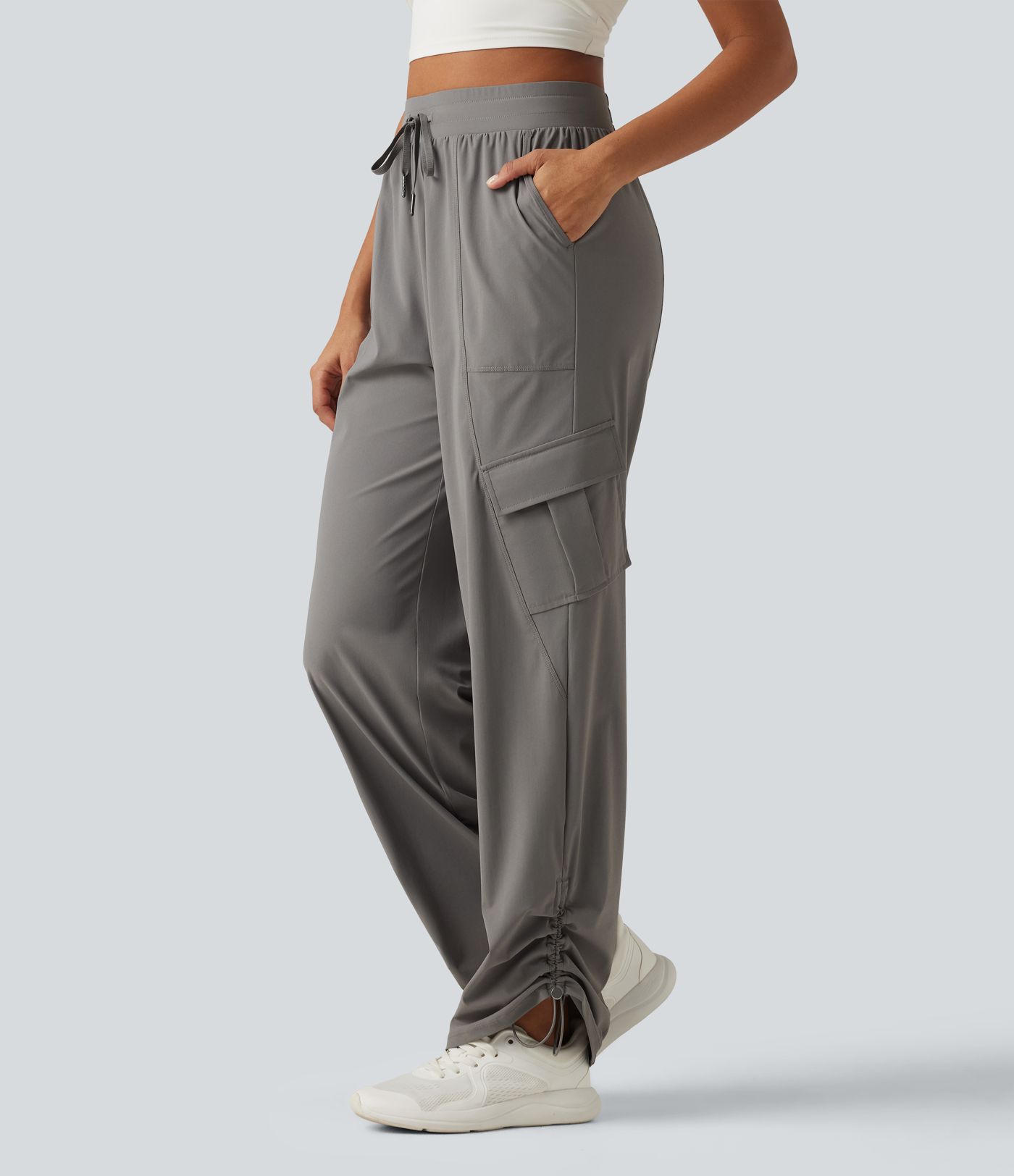 High Waisted Drawstring Ruched Straight Leg Quick Dry InstantCool Running Pants with Pockets-UPF40+