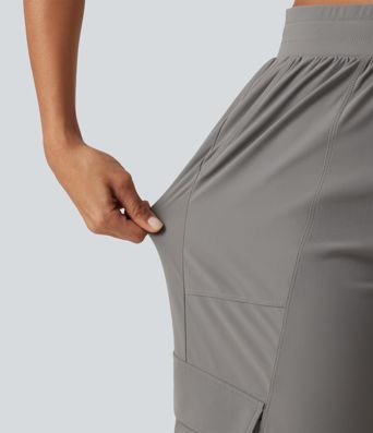 High Waisted Drawstring Ruched Straight Leg Quick Dry InstantCool Running Pants with Pockets-UPF40+