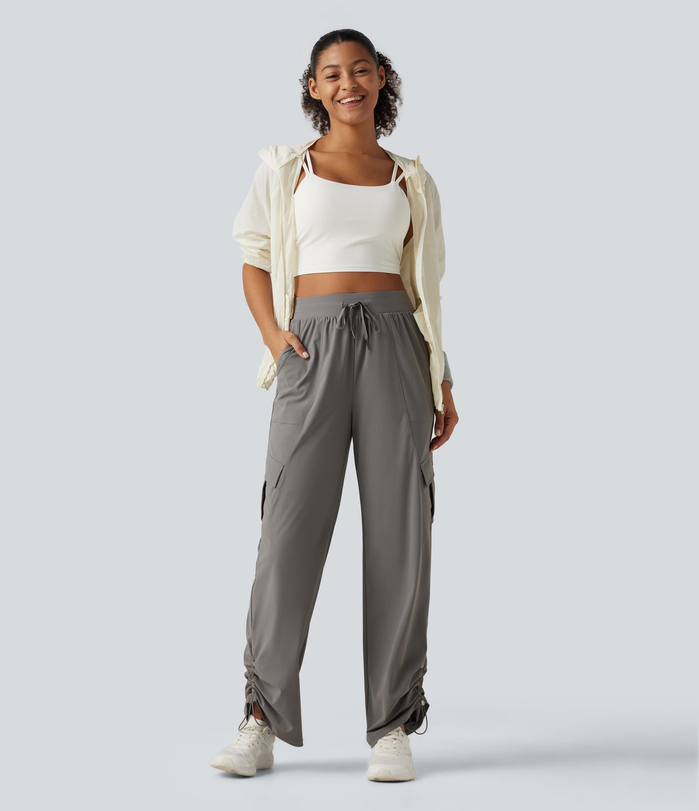 High Waisted Drawstring Ruched Straight Leg Quick Dry InstantCool Running Pants with Pockets-UPF40+