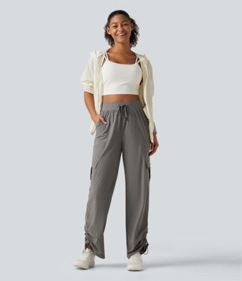 High Waisted Drawstring Ruched Straight Leg Quick Dry InstantCool Running Pants with Pockets-UPF40+