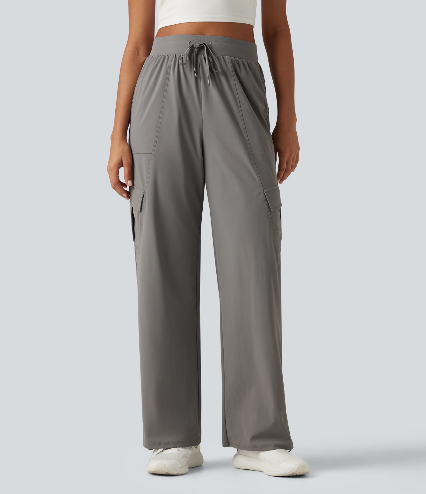 High Waisted Drawstring Ruched Straight Leg Quick Dry InstantCool Running Pants with Pockets-UPF40+