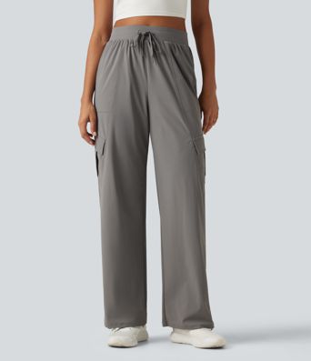 High Waisted Drawstring Ruched Straight Leg Quick Dry InstantCool Running Pants with Pockets-UPF40+
