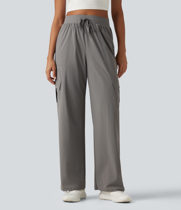 High Waisted Drawstring Ruched Straight Leg Quick Dry InstantCool Running Pants with Pockets-UPF40+