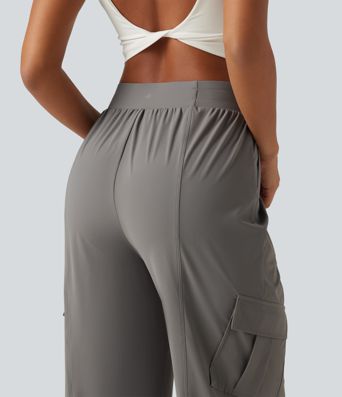 High Waisted Drawstring Ruched Straight Leg Quick Dry InstantCool Running Pants with Pockets-UPF40+