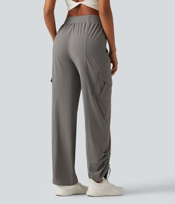 High Waisted Drawstring Ruched Straight Leg Quick Dry InstantCool Running Pants with Pockets-UPF40+