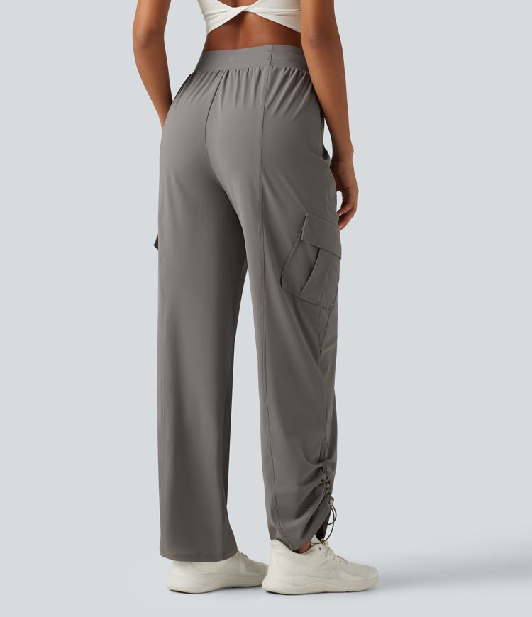High Waisted Drawstring Ruched Straight Leg Quick Dry InstantCool Running Pants with Pockets-UPF40+