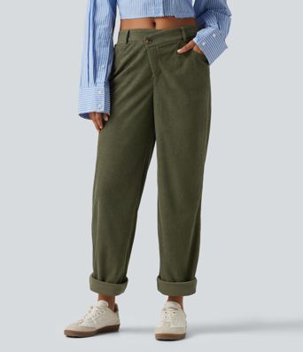 Mid Rise Tapered Rolled Hem Corduroy Casual Pants with Pockets Mid Rise Tapered Rolled Hem Corduroy Casual Pants with Pockets
