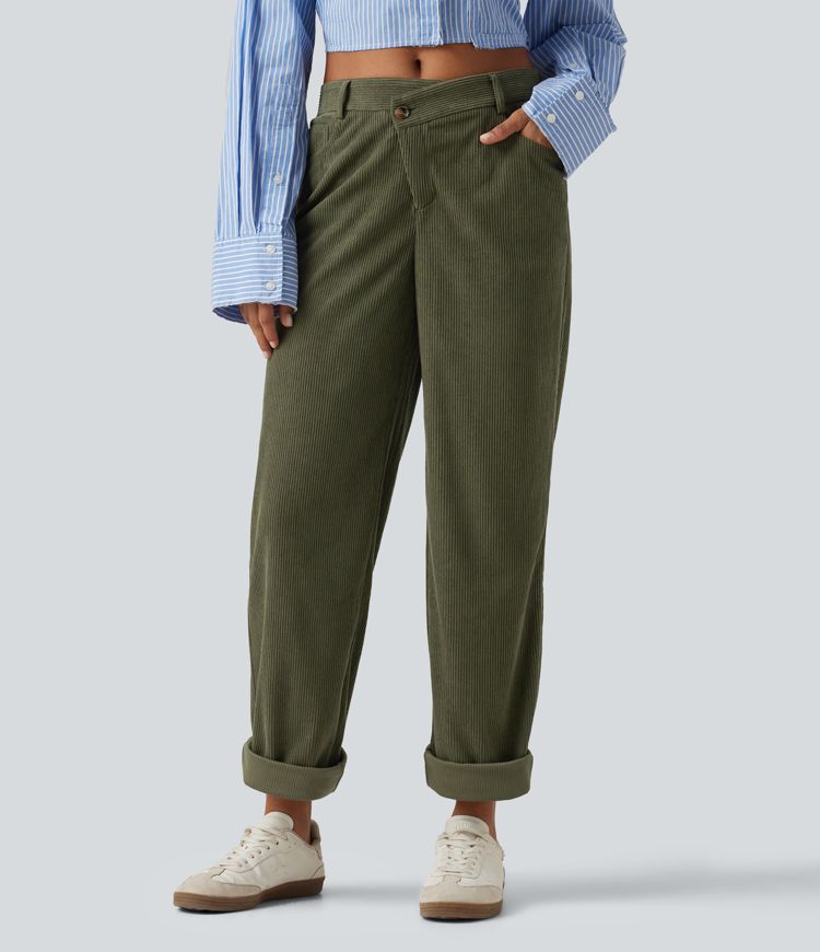 Mid Rise Tapered Rolled Hem Corduroy Casual Pants with Pockets Mid Rise Tapered Rolled Hem Corduroy Casual Pants with Pockets