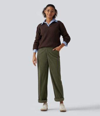 Mid Rise Tapered Rolled Hem Corduroy Casual Pants with Pockets Mid Rise Tapered Rolled Hem Corduroy Casual Pants with Pockets