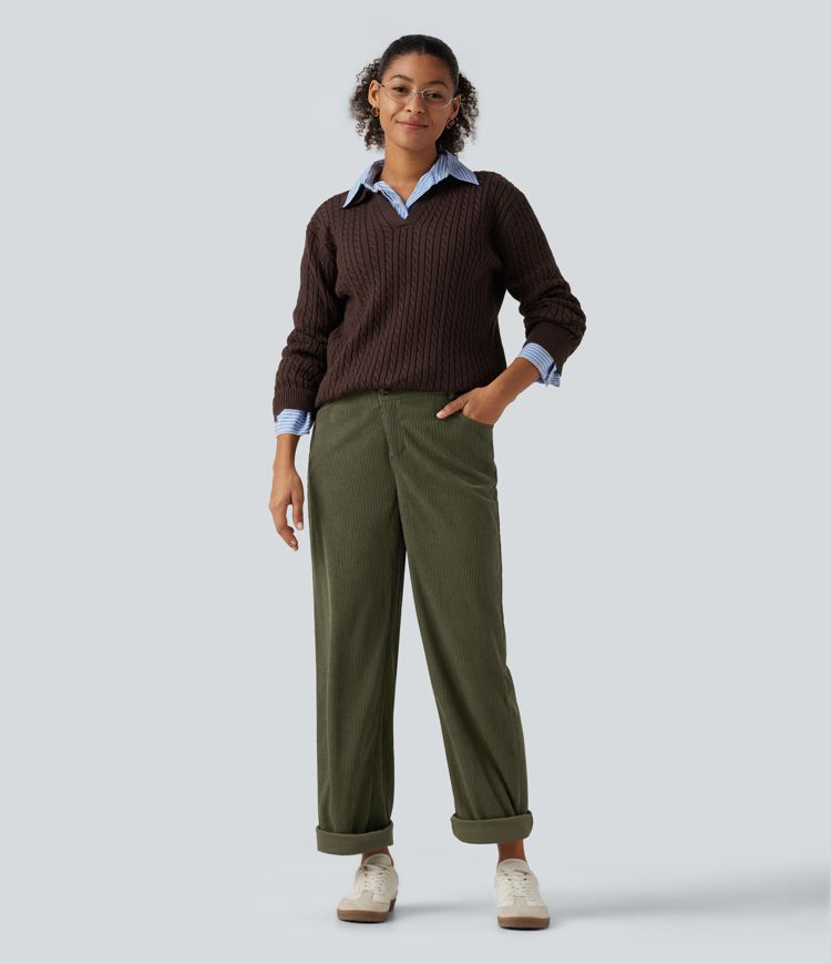 Mid Rise Tapered Rolled Hem Corduroy Casual Pants with Pockets Mid Rise Tapered Rolled Hem Corduroy Casual Pants with Pockets