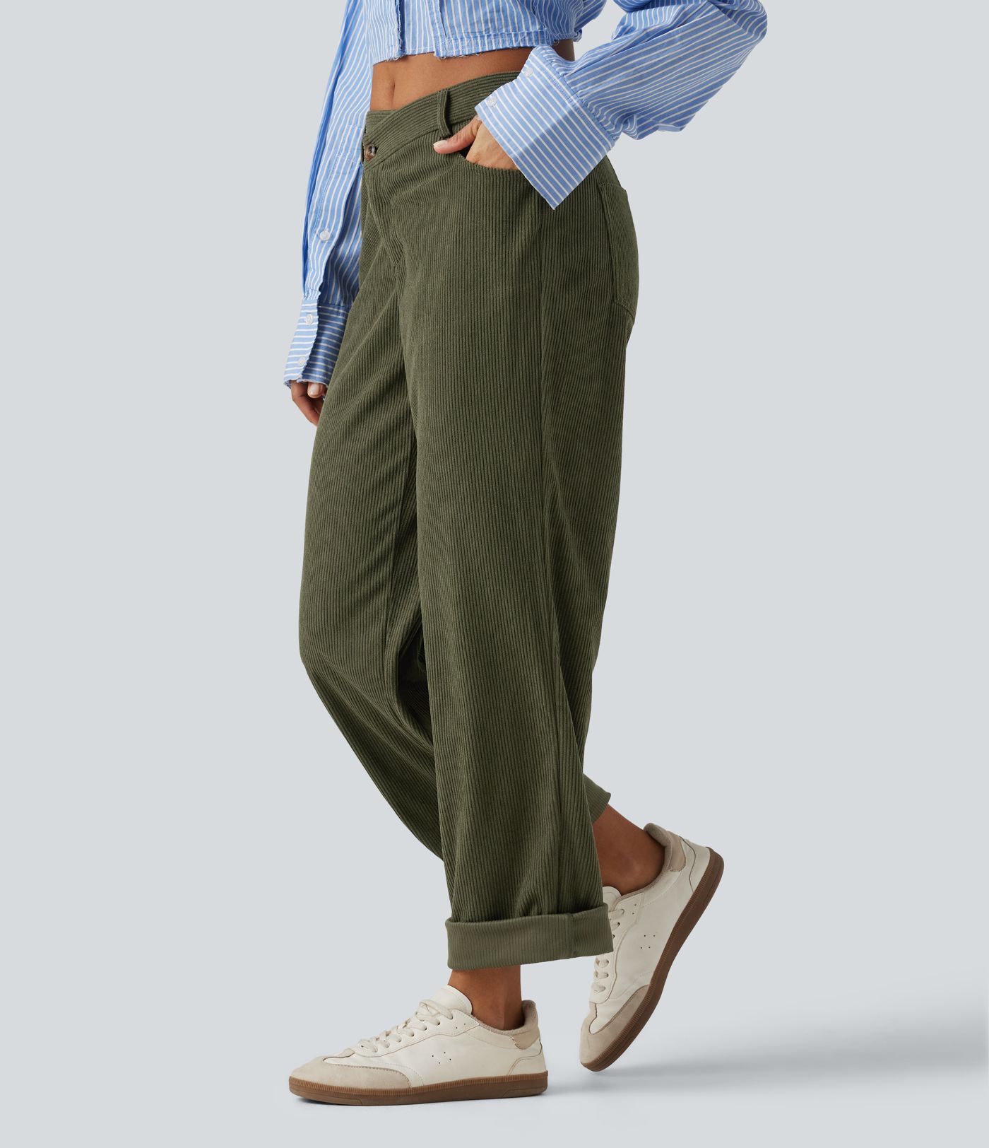 Mid Rise Tapered Rolled Hem Corduroy Casual Pants with Pockets Mid Rise Tapered Rolled Hem Corduroy Casual Pants with Pockets