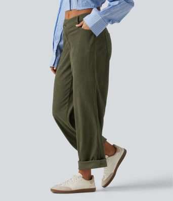 Mid Rise Tapered Rolled Hem Corduroy Casual Pants with Pockets Mid Rise Tapered Rolled Hem Corduroy Casual Pants with Pockets