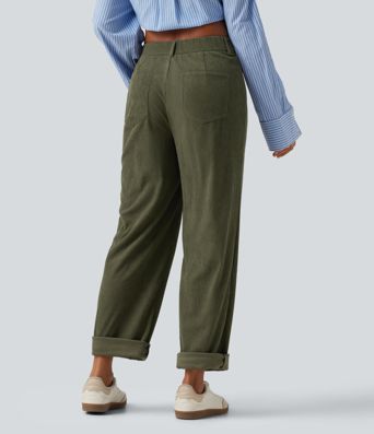 Mid Rise Tapered Rolled Hem Corduroy Casual Pants with Pockets Mid Rise Tapered Rolled Hem Corduroy Casual Pants with Pockets