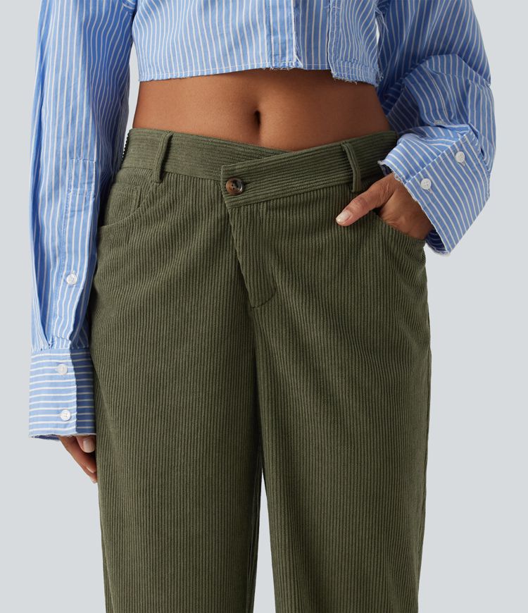 Mid Rise Tapered Rolled Hem Corduroy Casual Pants with Pockets Mid Rise Tapered Rolled Hem Corduroy Casual Pants with Pockets