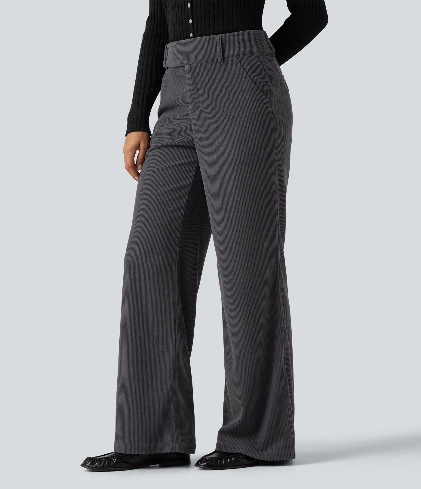 Mid Rise Corduroy Bootcut Casual Pants with Pockets