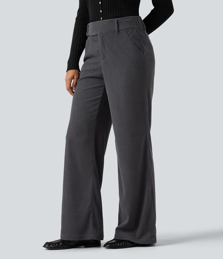 Mid Rise Corduroy Bootcut Casual Pants with Pockets