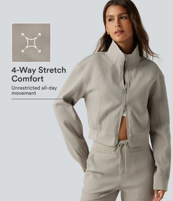 Stand Collar Raglan 2-Way Zipper Long Sleeve Waffle Casual Jacket with Pockets