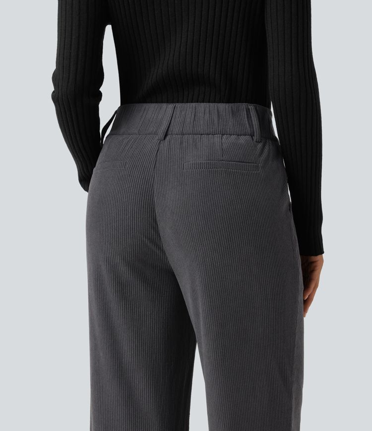 Mid Rise Corduroy Bootcut Casual Pants with Pockets