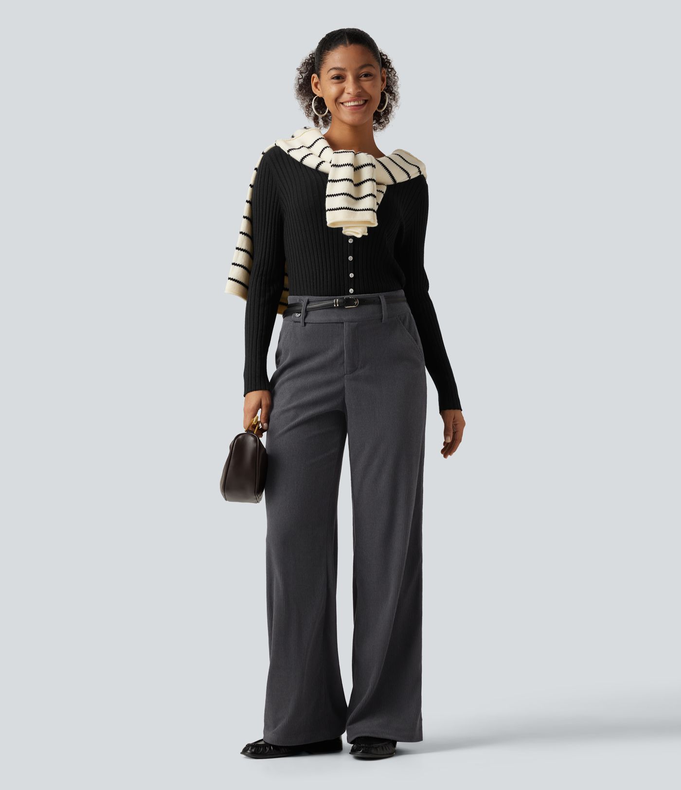 Mid Rise Corduroy Bootcut Casual Pants with Pockets