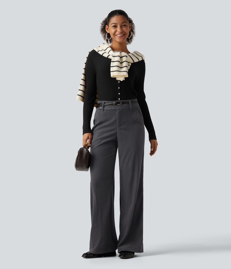 Mid Rise Corduroy Bootcut Casual Pants with Pockets