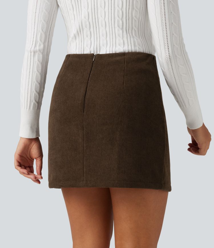Willow Brown High Waisted A-Line Corduroy Fleece Casual Mini Skirt with Built-in Shorts-Longer Length / 2