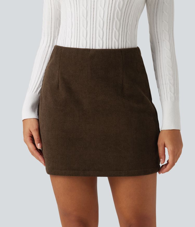 High Waisted A-Line Corduroy Fleece Casual Mini Skirt with Built-in Shorts-Longer Length
