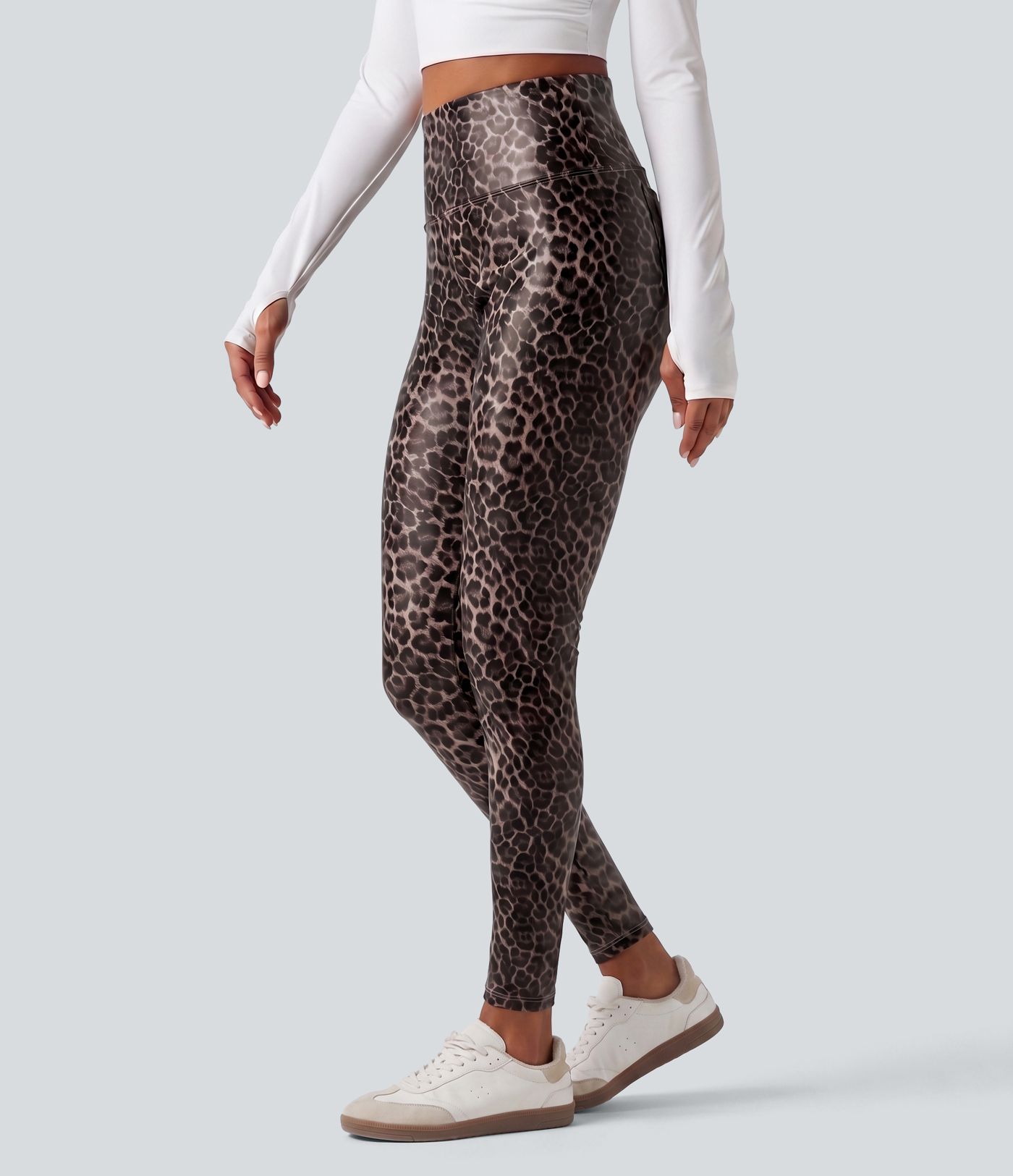 High Waisted Tummy Control Stretchy PU Leopard Print Skinny Casual Leggings with Pockets