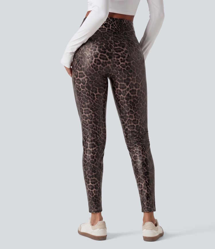 High Waisted Tummy Control Stretchy PU Leopard Print Skinny Casual Leggings with Pockets