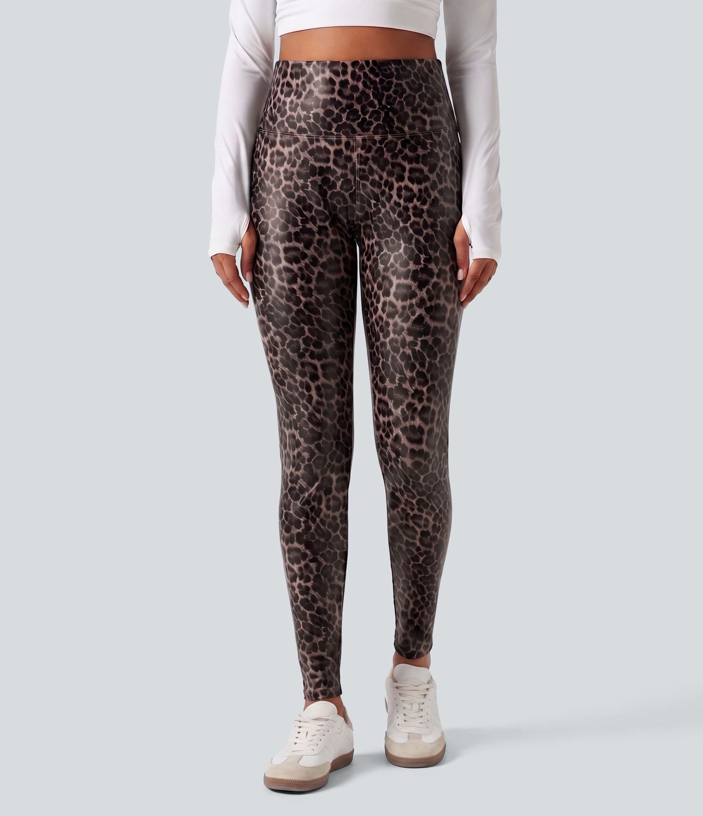 High Waisted Tummy Control Stretchy PU Leopard Print Skinny Casual Leggings with Pockets