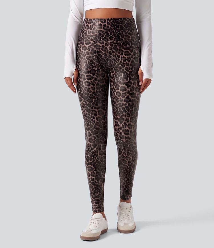 High Waisted Tummy Control Stretchy PU Leopard Print Skinny Casual Leggings with Pockets