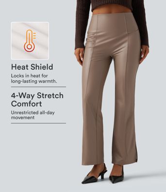 High Waisted Bootcut Stretchy PU Fleece Casual Pants with Pockets