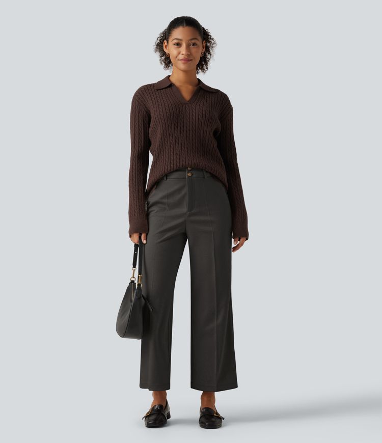 High Waisted Straight Leg Work Pants with Pockets