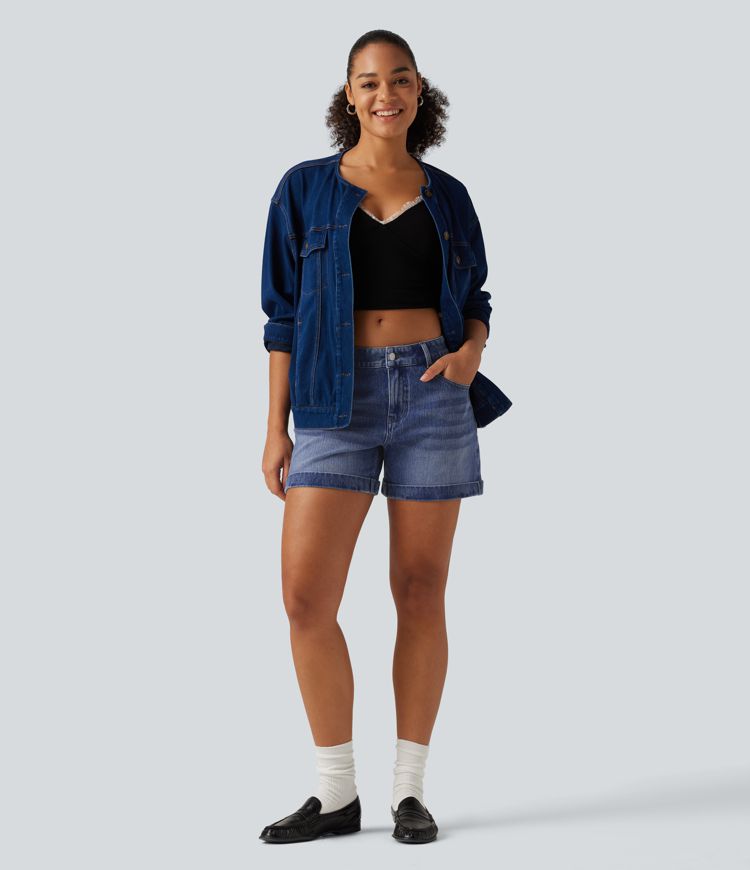 Halara Flex™ - Lässige Shorts aus Denim mit niedrigem Bund, mehreren Taschen und gerolltem Saum - 12,7 cm Halara Flex™ - Lässige Shorts aus Denim mit niedrigem Bund, mehreren Taschen und gerolltem Saum - 12,7 cm