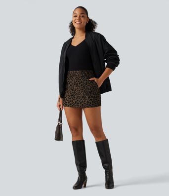 High Waisted Leopard Print Corduroy Casual Mini Skirt with Built-in Shorts and Pockets
