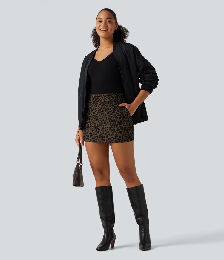 High Waisted Leopard Print Corduroy Casual Mini Skirt with Built-in Shorts and Pockets