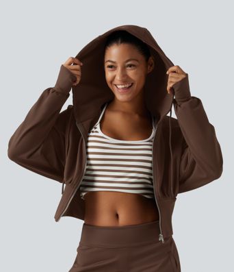 Hooded Raglan Sleeve Cropped Yoga Jacket with Hidden Pocket and Thumb Holes 