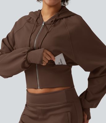 Hooded Raglan Sleeve Cropped Yoga Jacket with Hidden Pocket and Thumb Holes 