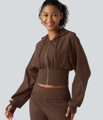 Hooded Raglan Sleeve Cropped Yoga Jacket with Hidden Pocket and Thumb Holes 