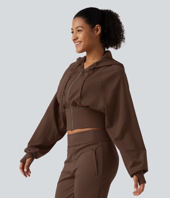 Hooded Raglan Sleeve Cropped Yoga Jacket with Hidden Pocket and Thumb Holes 