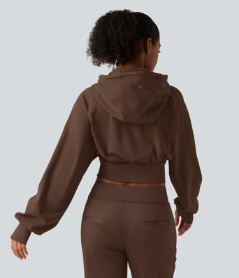 Hooded Raglan Sleeve Cropped Yoga Jacket with Hidden Pocket and Thumb Holes 