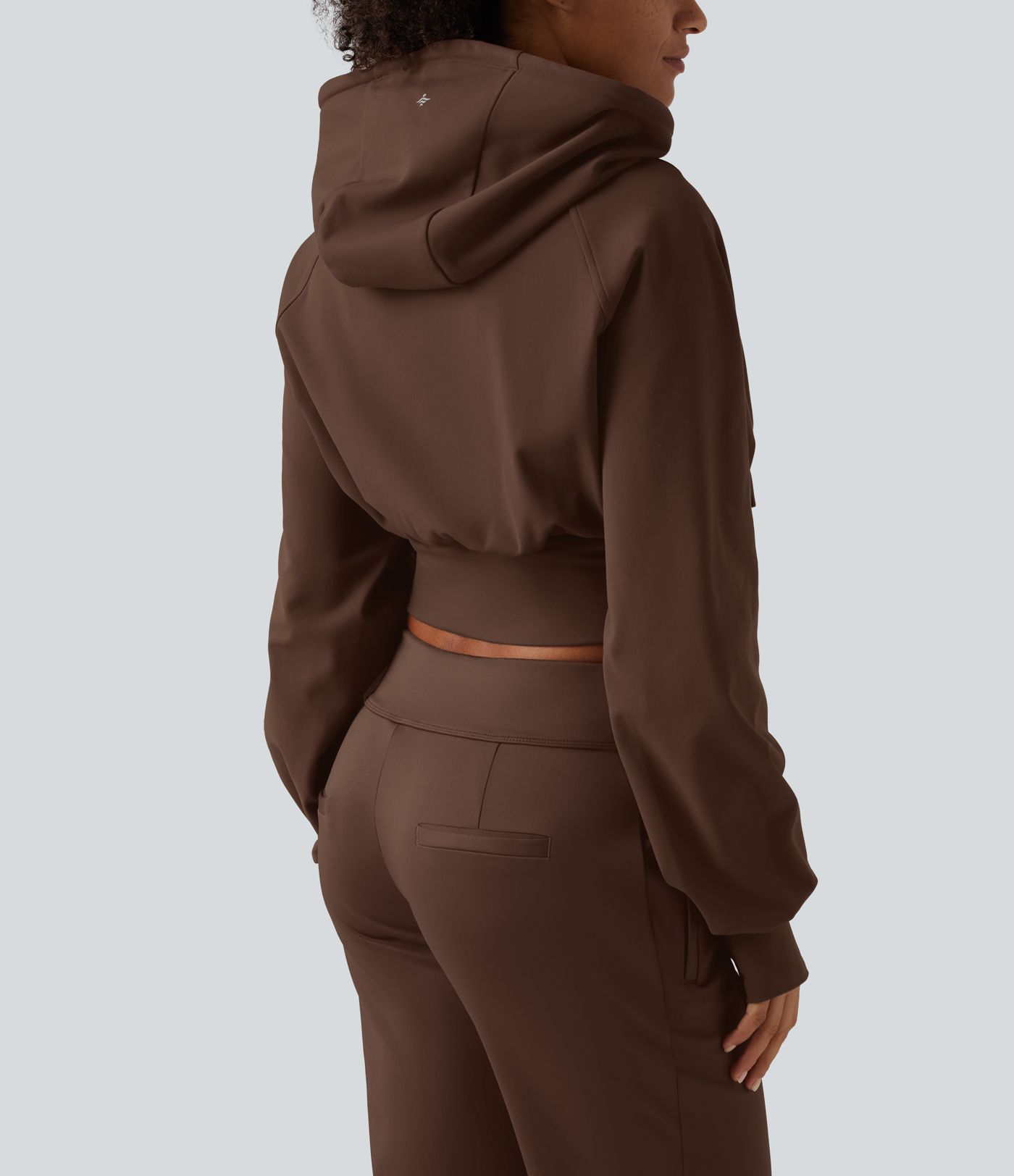 Hooded Raglan Sleeve Cropped Yoga Jacket with Hidden Pocket and Thumb Holes 