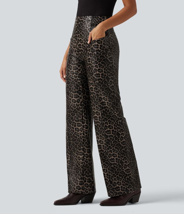 High Waisted Stretchy PU Leopard Print Leather Flare Casual Pants with Pockets