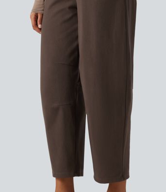 Mid Rise Barrel Leg Casual Cotton Pants with Pockets