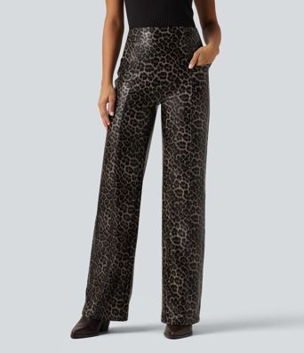 High Waisted Stretchy PU Leopard Print Leather Flare Casual Pants with Pockets
