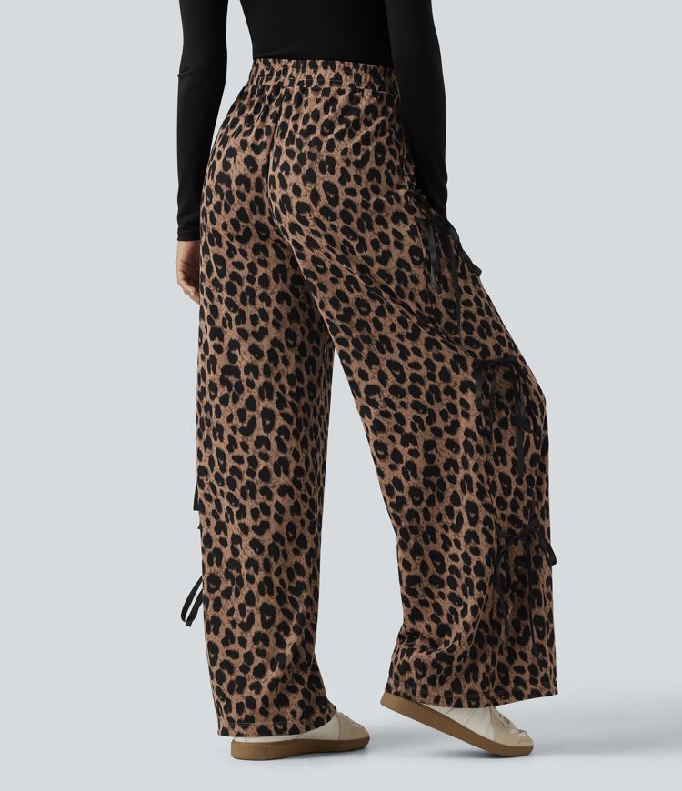 High Waisted Leopard Print Waffle Wide Leg Casual Pants with Pockets High Waisted Leopard Print Waffle Wide Leg Casual Pants with Pockets