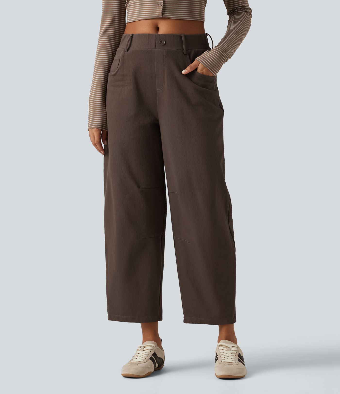 Mid Rise Barrel Leg Casual Cotton Pants with Pockets