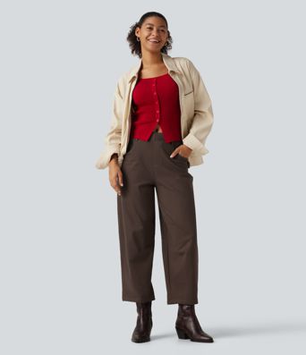 Mid Rise Barrel Leg Casual Cotton Pants with Pockets