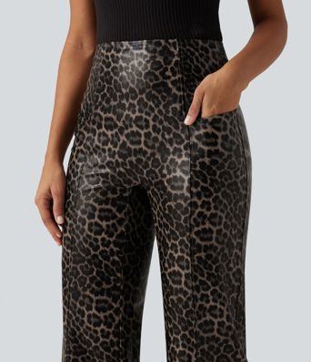 High Waisted Stretchy PU Leopard Print Leather Flare Casual Pants with Pockets